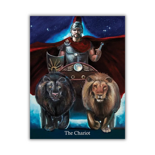 Card titled 'The Chariot' featuring a warrior with two lions and a chariot against a starry night sky.
