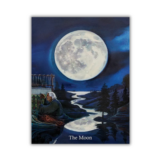 Painting of a person sitting by a lake under a large moon.