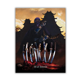 Card featuring a silhouette of a figure with swords and Chinese architecture in the background