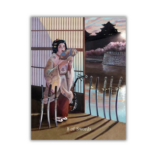 Card featuring a woman holding a mirror, surrounded by swords, with a scenic background.