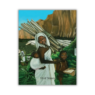 Artistic depiction of a woman carrying a child and a bundle of sticks with a scenic background.