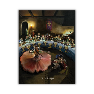 Card featuring a scene with people around a table, labeled '9 of Cups'.