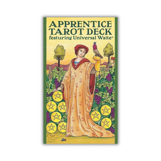 Apprentice Tarot Deck packaging with a person in a robe and trees on a yellow background