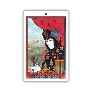 Tarot card featuring 'The High Priestess' with a red hooded figure and scenic background.