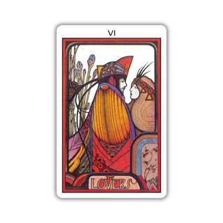 Tarot card titled 'Lovers' with colorful illustration on a white background