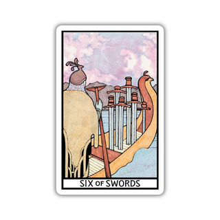 Card from a tarot deck titled 'Six of Swords' with a stylized illustration on a white background.