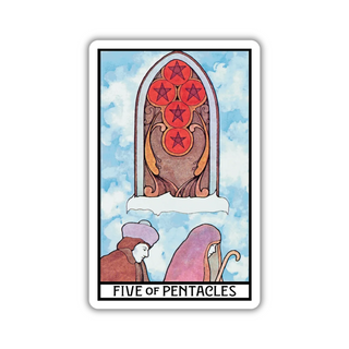 Card from a tarot deck with a stained glass window and two people, labeled 'Five of Pentacles'.