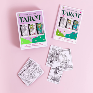 Color your own tarot cards with coloring books on a pink background