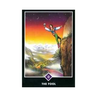 Tarot card titled 'The Fool' with a colorful landscape and character on a white background
