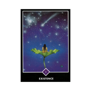 Card with a person sitting on a leaf under a starry sky, labeled 'Existence'.