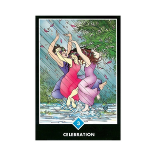 Card with three people celebrating in water, surrounded by nature elements, on a white background.