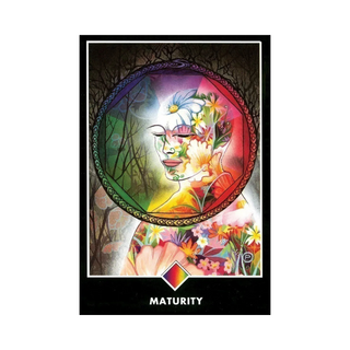 Colorful tarot card with a face and floral elements, labeled 'Maturity'.