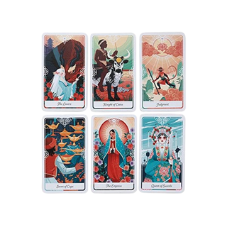 Set of six tarot cards with colorful illustrations on a white background