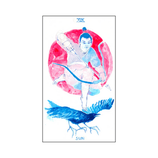 Tarot card featuring a person with a bow and arrow and a blue bird, labeled 'XIX' and 'Sun'.