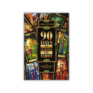 Book cover of '90 Days to Learning the Tarot' with tarot card designs on a white background