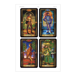 Four tarot cards featuring different characters in ornate costumes on a white background.