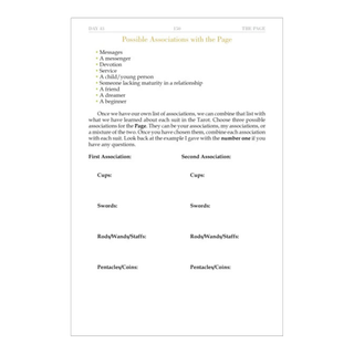Sheet of paper with text and associations for tarot card suits on a white background