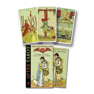 Three tarot cards and a book titled 'After Tarot' on a white background