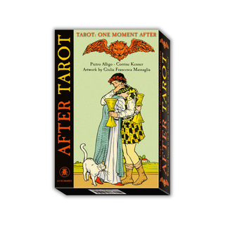 Box of 'After Tarot' with illustration of two people and a cat on a white background