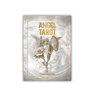 Angel Tarot book cover with an angel illustration and gold text on a white background
