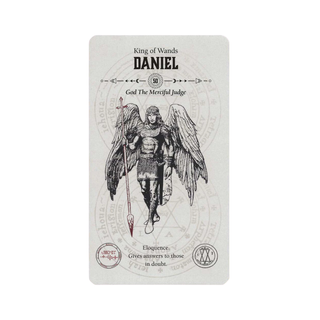Card featuring an angelic figure with text and symbols on a white background