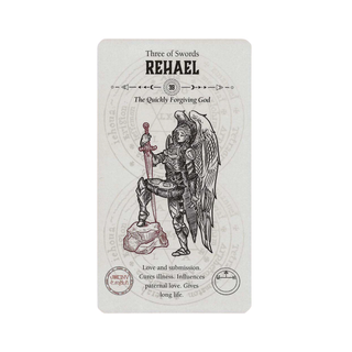 Tarot card featuring an angel holding a sword with text and symbols on a white background