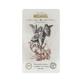 Card featuring an angelic figure with text and symbols on a white background