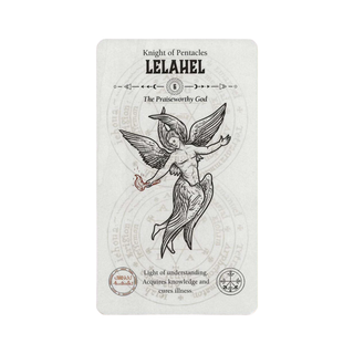 Card featuring an angelic figure with text and symbols on a white background