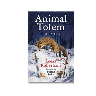 Book cover of 'Animal Totem Tarot' by Leeza Robertson with a fox illustration on a snowy background.