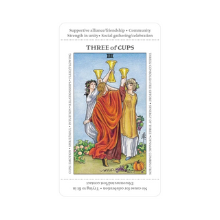 Three of Cups tarot card with two people holding cups against a white background