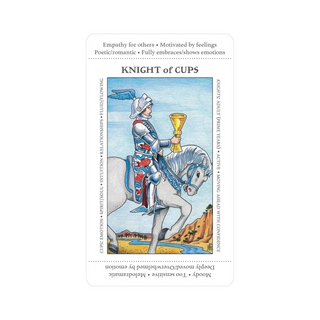 Card featuring a knight on a horse holding a cup, with text describing the card's meaning.