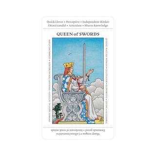 Queen of Swords tarot card with descriptive text on a white background