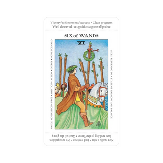 Tarot card featuring a figure with six wands and text on a white background