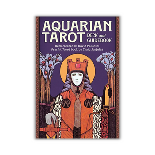 Aquarian Tarot Deck and Guidebook cover with artistic design and text on a white background