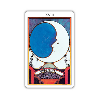 Tarot Moon card with a blue and white face design on a white background