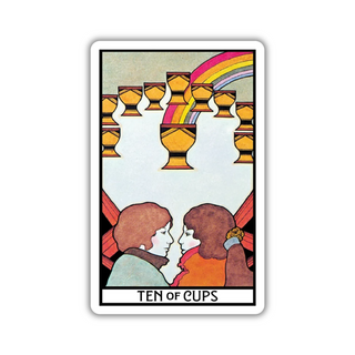 Tarot card featuring two people facing each other with a rainbow and cups above them, labeled 'Ten of Cups'.