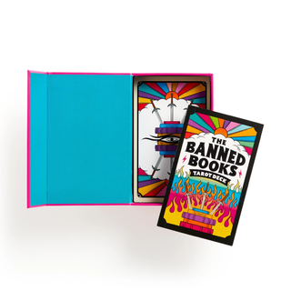 Colorful tarot cards with 'The Banned Books Tarot Deck' on a white background