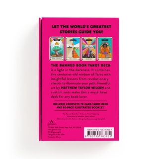 Back cover of a tarot card deck packaging with text and images on a pink background