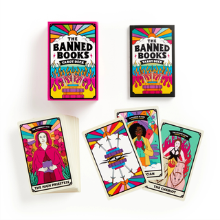 Banned Books Tarot Deck with colorful tarot cards and packaging on a white background