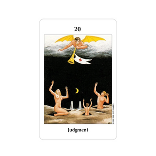 Tarot card titled 'Judgment' with angel and people on a white background