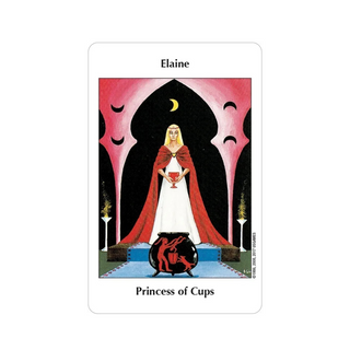 Tarot card featuring a figure in a red cloak holding a cup, with text 'Elaine' and 'Princess of Cups'.