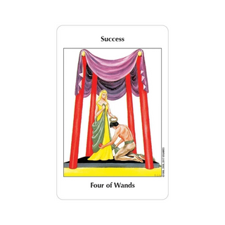 Tarot card titled 'Four of Wands' with a woman and man under a purple canopy, labeled 'Success'.