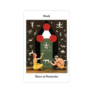 Tarot card titled 'Three of Pentacles' with two people and pentacle symbols on a white background.