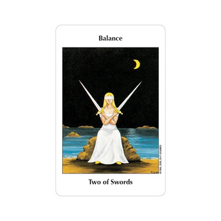 Tarot card titled 'Two of Swords' from the 'Balance' suit, featuring a woman with two swords on a beach.