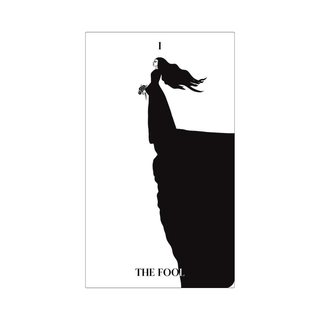 Black silhouette of a person with long hair and 'The Fool' text on a white background
