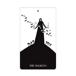 Tarot card featuring 'The Magician' with a black and white design on a white background