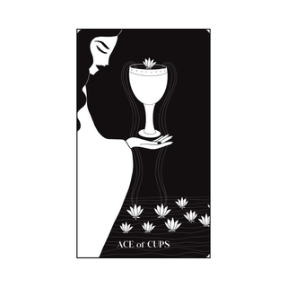 Tarot card featuring a woman holding a cup with 'Ace of Cups' text on a black background