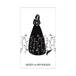 Black and white illustration of the 'Queen of Pentacles' tarot card with a hooded figure and plants.