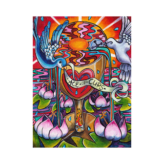 Colorful artwork of the 'Ace of Cups' card from a tarot deck, featuring two hands holding a heart symbol.