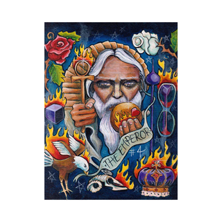 Colorful tarot card featuring an elderly sage with a scroll labeled 'The Emperor'.